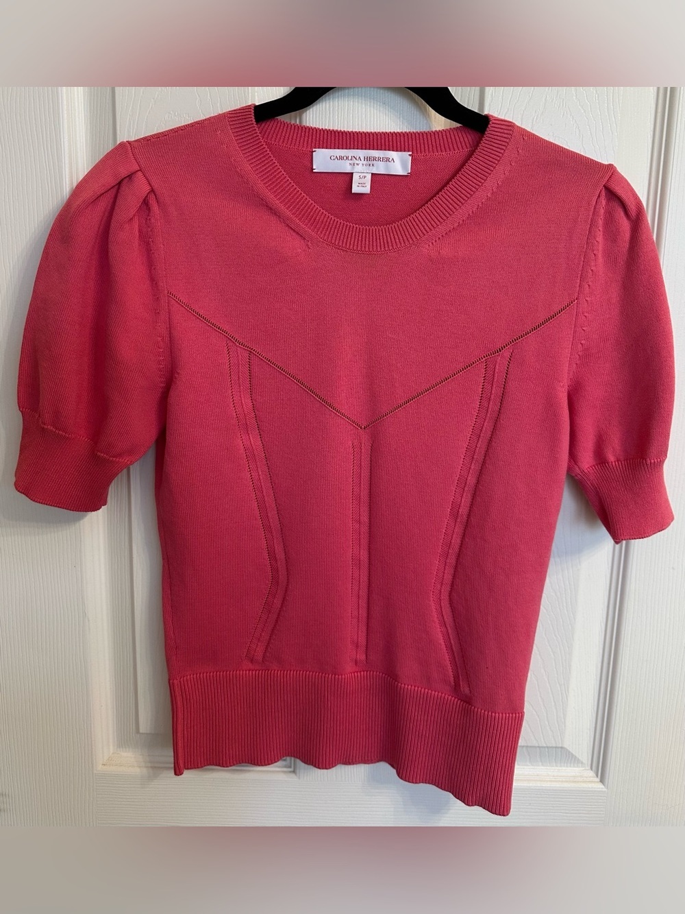 Carolina Herrera Short Puffed Sleeve Corset Knit Top in Pink Size S EUC